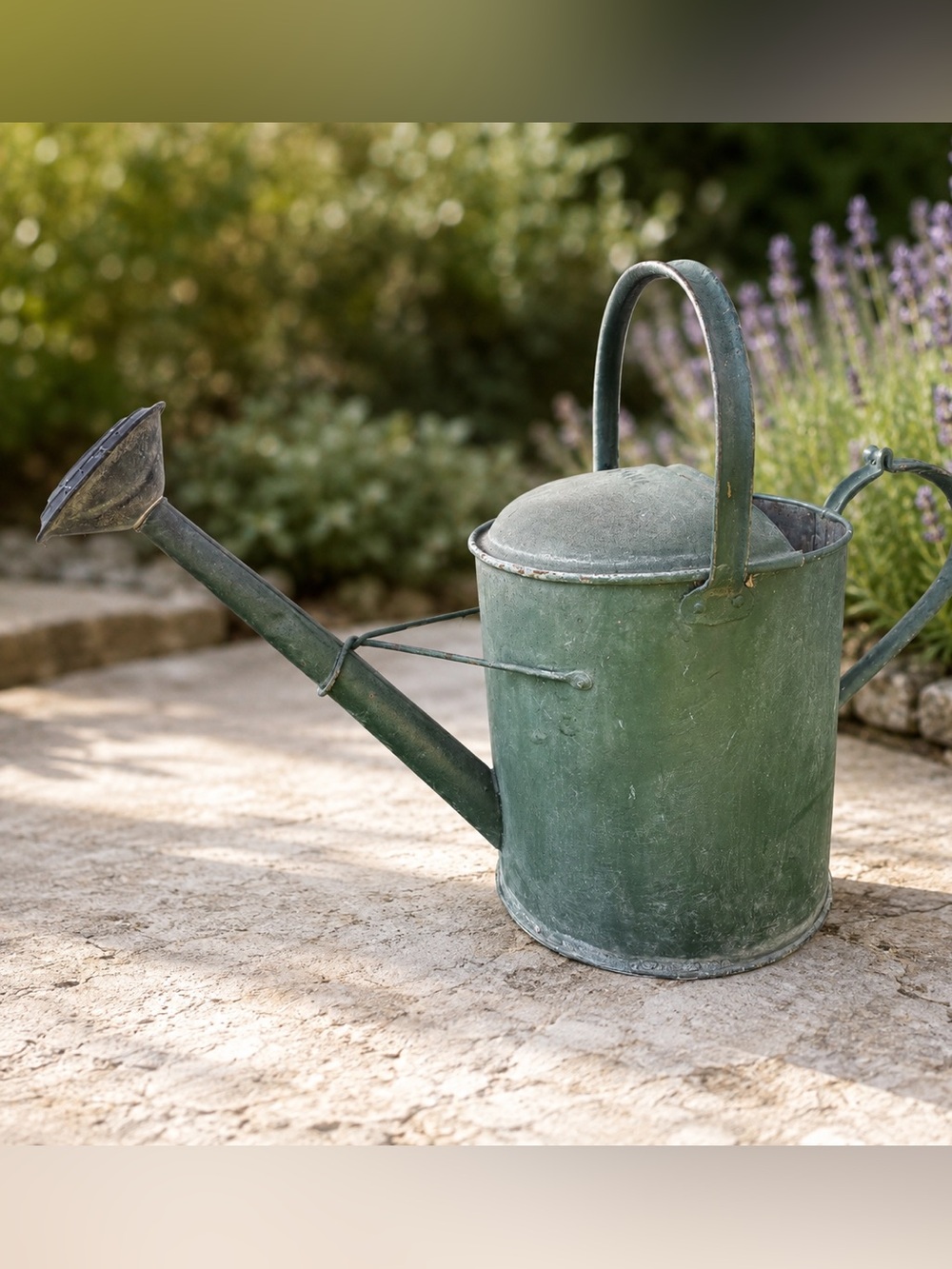 Vintage Green Galvanized Metal Watering Can with Removable Rose Garden Decor